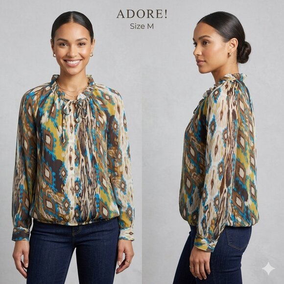 Adore Tops - Adore Ruffle Neck Chiffon Blouse Blue Yellow Ikat Abstract Sheer Top Size Medium